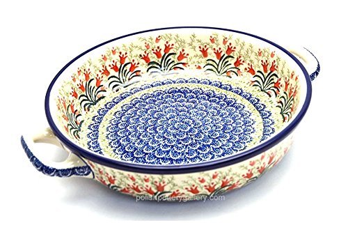 Polish Pottery Baker - Round with Handles - Large - Crimson Bells