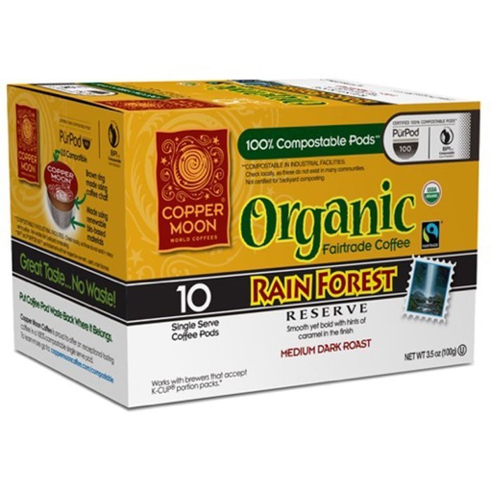 Copper Moon Coffee Fairtrade Organic Rain Forest Reserve Single Cup 100% Compostable, Dark Roast, 10 Count for...