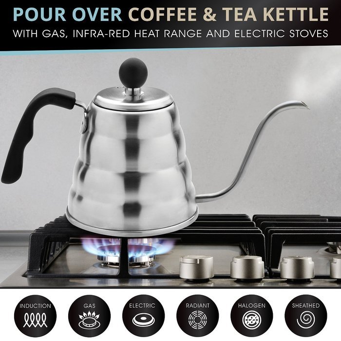 YaeKoo 1L Stainless Steel 304 Coffee Drip Kettle,Gooseneck Stainless Steel Drip Pot for Coffee & Tea N2