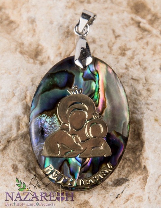 Mary of Bethlehem Abalone Shell Pendant Pearl Madonna Jesus Handmade Amulet 1.2"