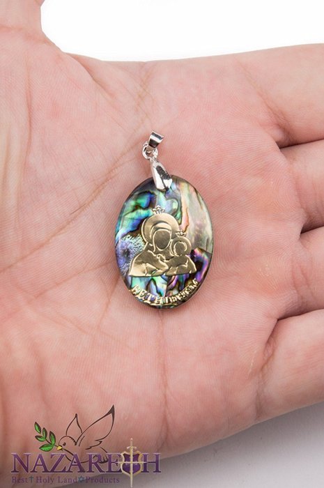 Mary of Bethlehem Abalone Shell Pendant Pearl Madonna Jesus Handmade Amulet 1.2" N2