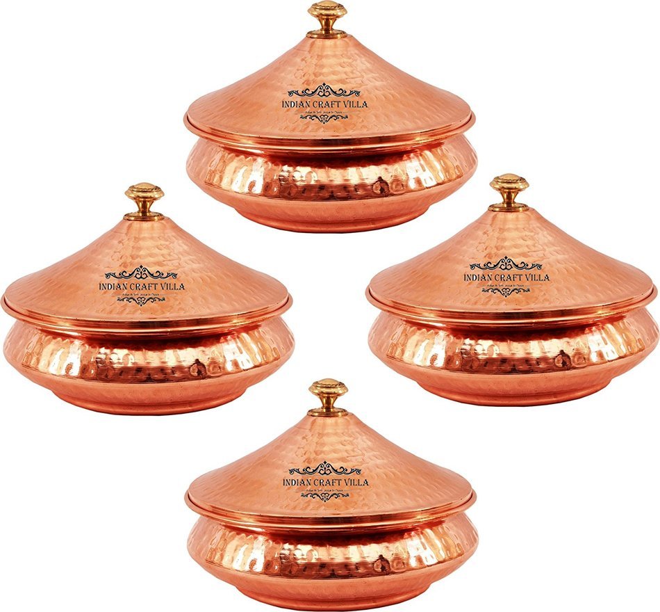 IndianCraftVilla 5.3" X 5.8" X 2.3" Handmade Steel Copper Set Of 4 Mughlai handi Volume 525 ML With Lid serving...