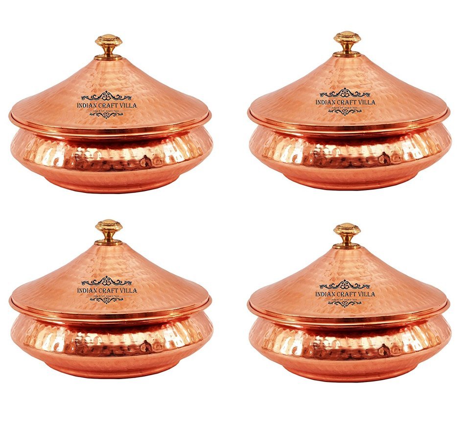 IndianCraftVilla 5.3" X 5.8" X 2.3" Handmade Steel Copper Set Of 4 Mughlai handi Volume 525 ML With Lid serving... N2