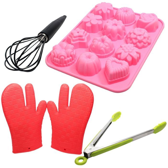 Silicone Baking Set - Silicone Molds For Baking, Silicone Baking Gloves, Silicone Whisk & Silicone Tongs - 12...