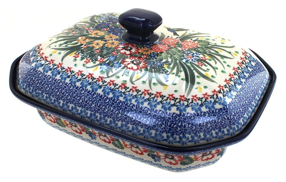 Polish Pottery Hummingbird Large Covered Baker