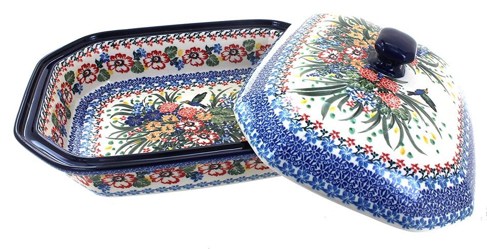 Polish Pottery Hummingbird Large Covered Baker N2