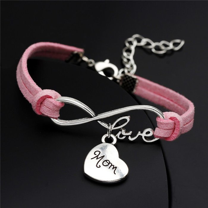 For Mother's Day Gift Charm Silver Heart "Mom" Love Pink Velvet Bracelet Bangle