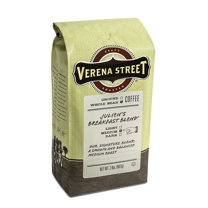 Verena Street Coffee Julien's Breakfast Blend, whole bean medium roast, 2LB (32oz.), Rainforest Alliance Certified...