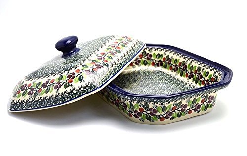 Polish Pottery Baker - Rectangular Covered - Large - Burgundy Berry Green