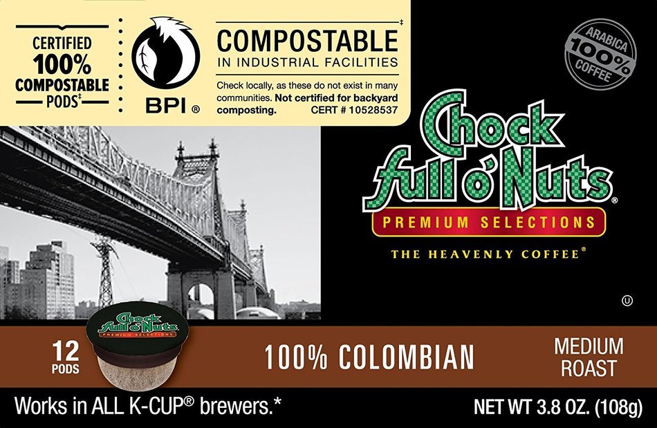 Chock full o'Nuts Coffee 100% Colombian Medium Roast, 12 Single Serve Cups, 3.8 Ounce N3