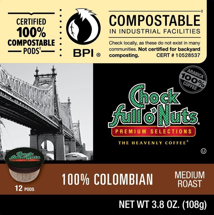 Chock full o'Nuts Coffee 100% Colombian Medium Roast, 12 Single Serve Cups, 3.8 Ounce N4