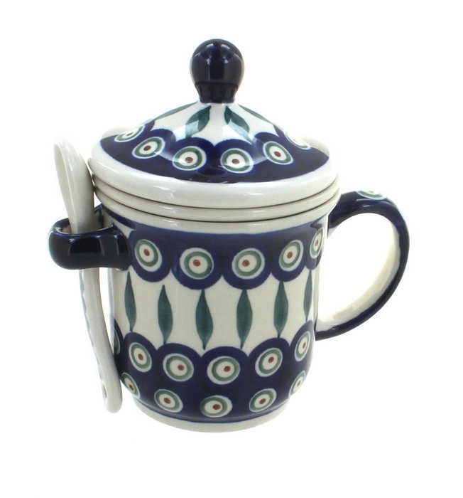 Polish Pottery Peacock Mug with Strainer & Spoon