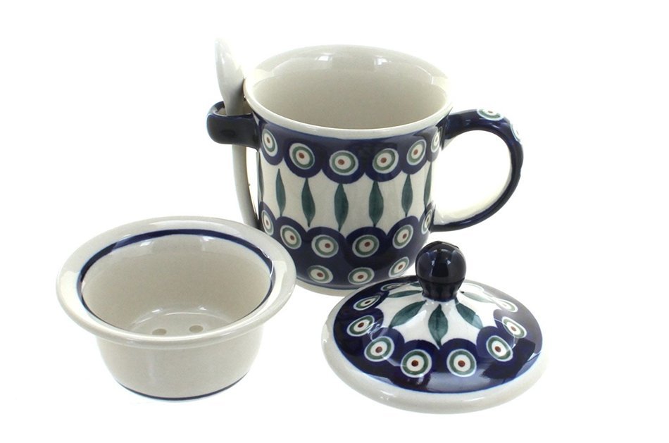 Polish Pottery Peacock Mug with Strainer & Spoon N2
