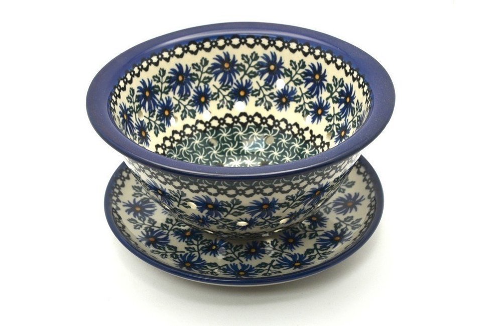 Polish Pottery Berry Bowl with Saucer - Blue Chicory