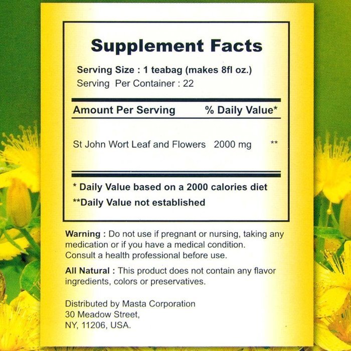 Buddha's Herbs Pure St John Wort's Flower Tea - 22-Count Tea Bags (2 Pack) - 100 % Natural N3