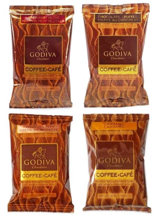 Godiva Chocolatier Flavored Coffee 4 Flavor Variety Sampler Bundle: (1) Godiva Breakfast Blend, (1) Godiva Chocolate...