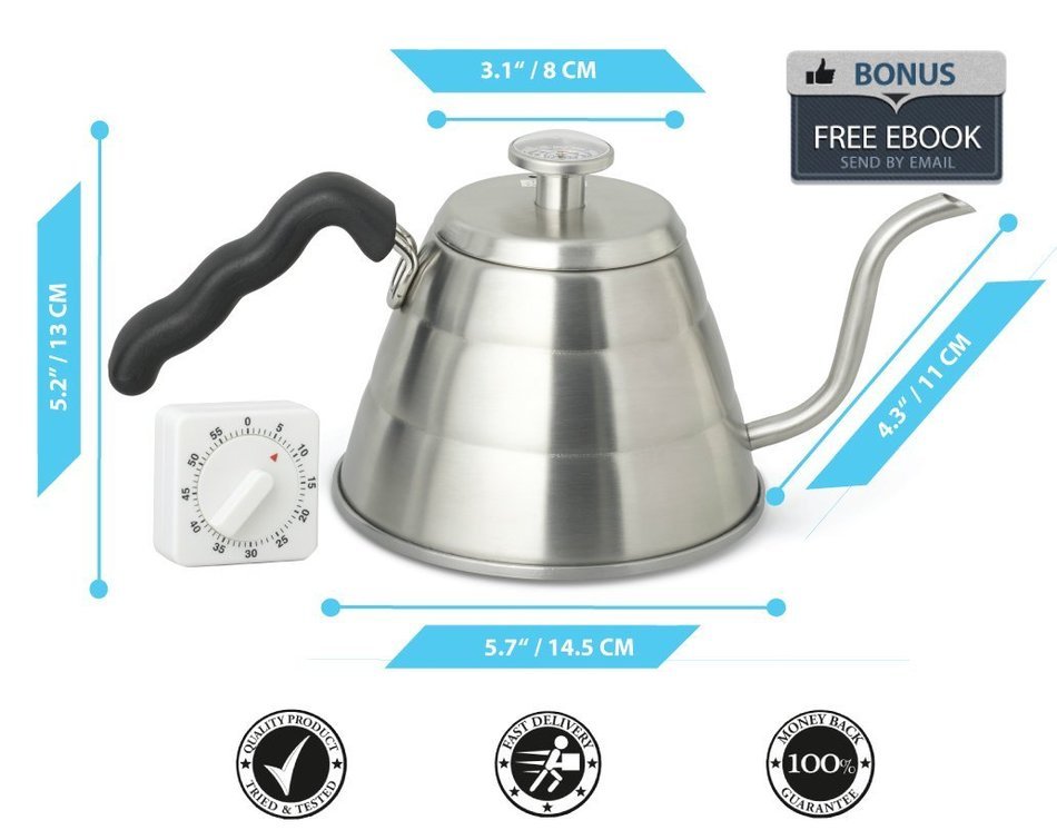 LIMITED OFFER 24oz Gooseneck Stainless Steel Hot Water Coffee KETTLE With THERMOMETER and Additional TIMER &ndash; Coffesto... N3