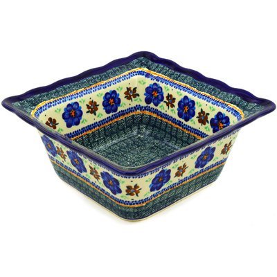 Polish Pottery Square Bowl 9-inch Circle The Garden UNIKAT