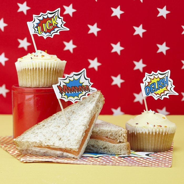 Ginger Ray 20 x Pop Art Superhero Food Flag Toppers for Birthday Cake Decoration, Mixed