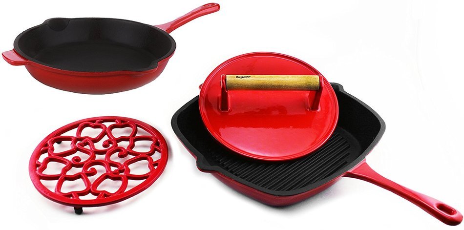 BergHOFF Cast Iron 4PC Set: G/P, F/P, Stk PR & Trivet, Red, Medium, Silver