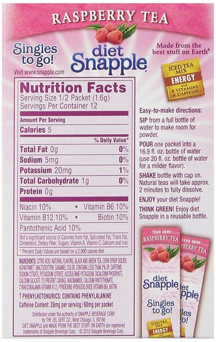 Diet Snapple Singles To Go Raspberry Tea (Pack of 12) N3