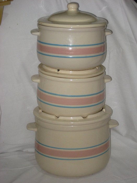 6 Piece Set - Vintage McCoy Pottery Pink & Blue Stripe Bean Casserole Baking Pot USA