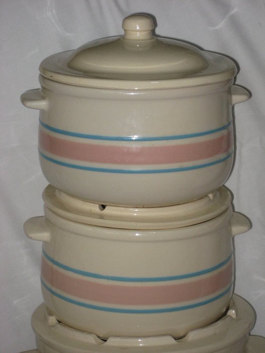 6 Piece Set - Vintage McCoy Pottery Pink & Blue Stripe Bean Casserole Baking Pot USA N3