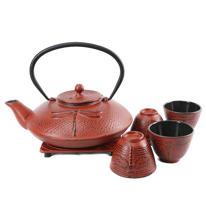Cuisiland Dragonfly Cast Iron Teapot Set with 4 Cups 37oz Red N2