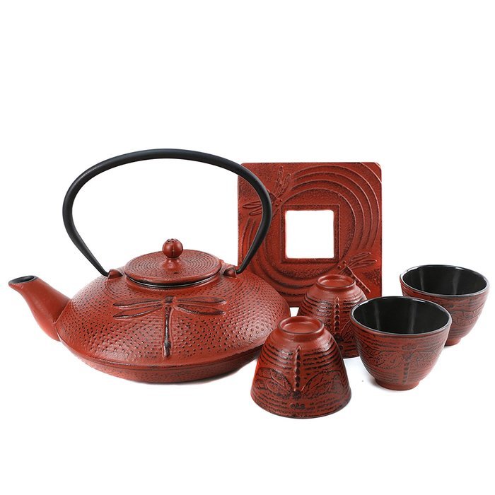 Cuisiland Dragonfly Cast Iron Teapot Set with 4 Cups 37oz Red N3