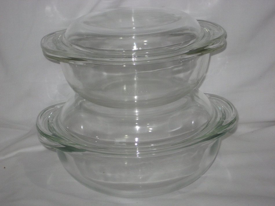 Vintage Pyrex Round Clear Glass 1 1/2 Liter & 2 Quart Casserole Baking Dishes w/ Lids - 4 Piece Set