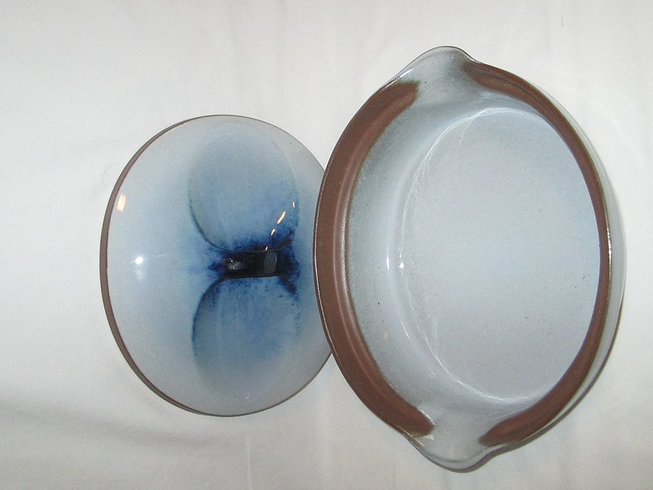 Vintage PETER POTS Light Blue Covered Oval Pottery Stoneware Casserole N2
