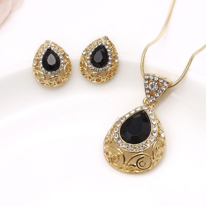 Charm Black Crystal Drop Necklace Earrings Set Wedding Gold Jewelry Pendant New N2