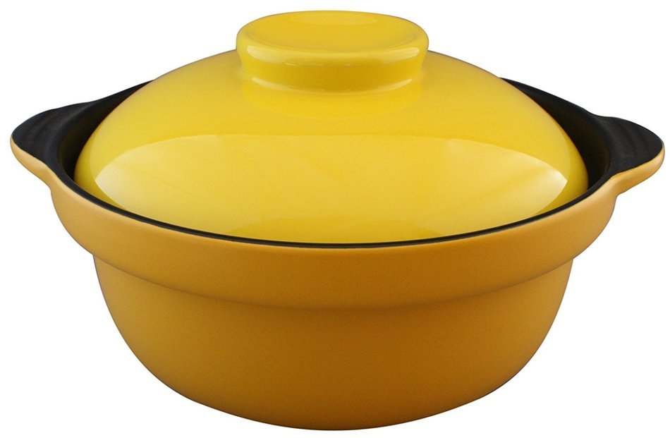 M.V. Trading 303073 Earthen Donabe Casserole Clay Pot With Lid, 1.1 Liter (1.1 Quarts), Yellow Lid