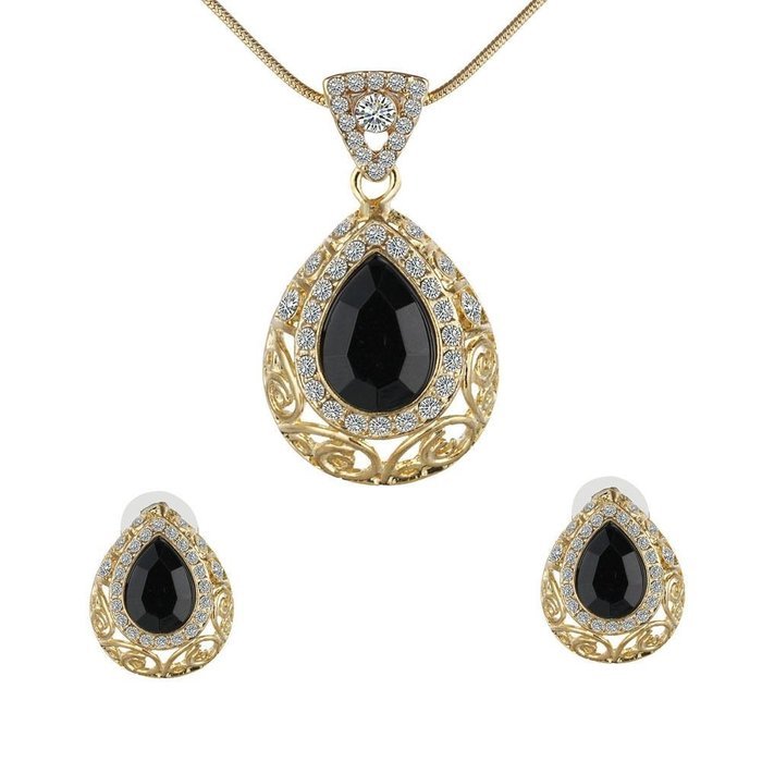 Charm Black Crystal Drop Necklace Earrings Set Wedding Gold Jewelry Pendant New N4