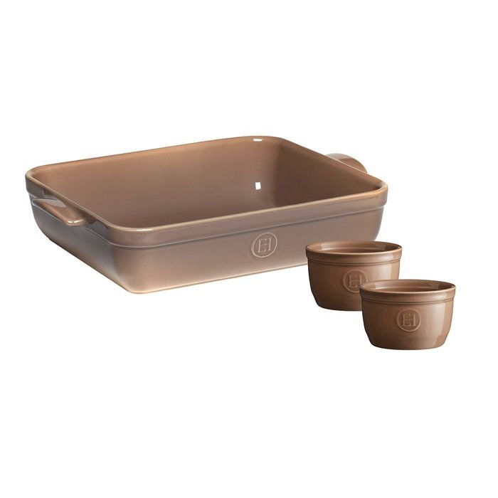 Emile Henry Lasagna/Roasting Dish 13.75" x 10" W/ 2 Bonus Ramekins, Oak