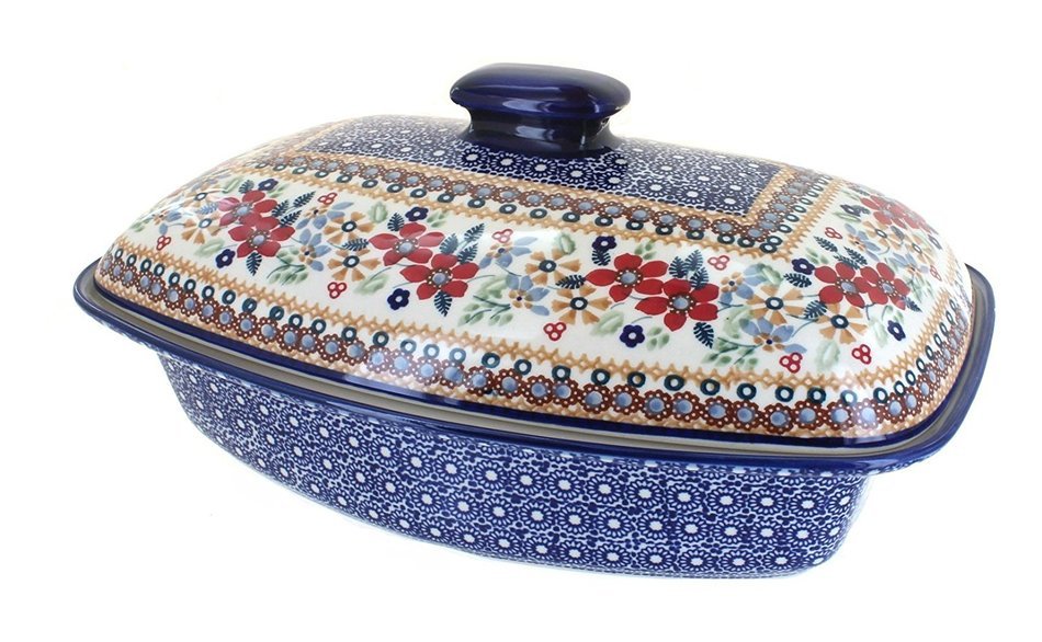 Polish Pottery Red Daisy Covered Baker