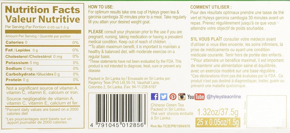 HYLEYS Tea Garcinia Cambogia Green Tea, 25 Count (Pack of 12) N9