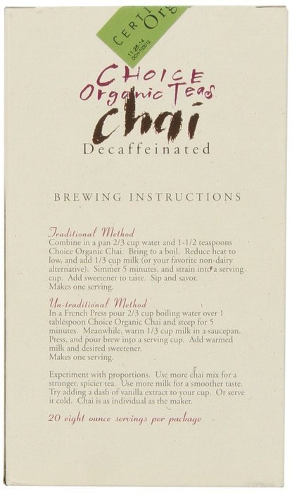 Choice Organic Decaf Chai, 2.1 Ounce N12