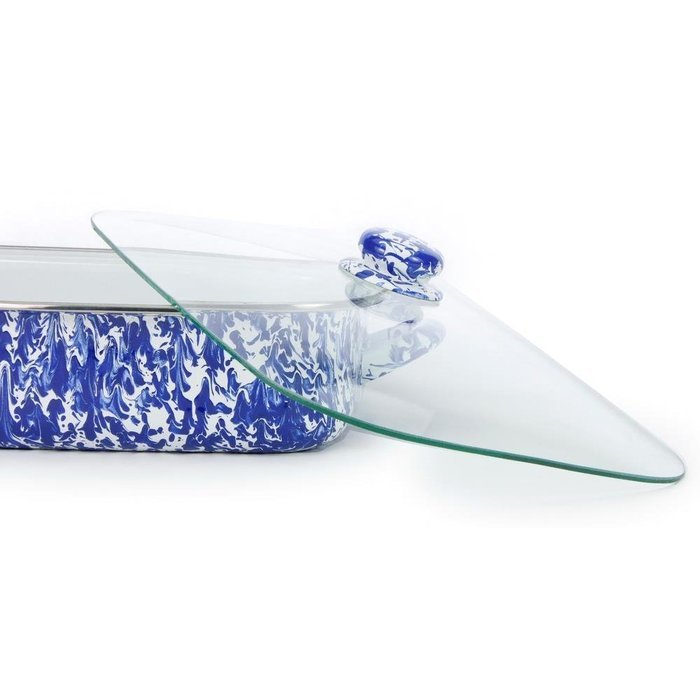 Golden Rabbit Enamelware Cobalt Swirl Lasagna Pan with Swirl Glass Lid 10-1/2 Qt