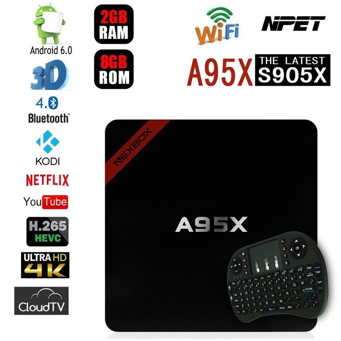 NPET A95X S905X 2GB 8GB Android 6.0 TV Box Kodi 16.0 Bluetooth 4K 3D Wifi Streaming Media Player with Black Wireless...