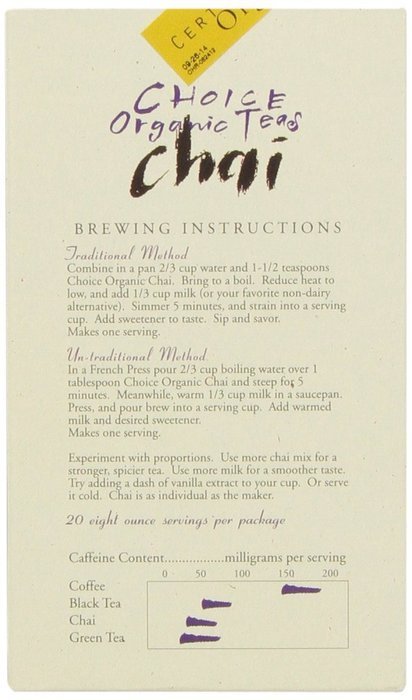 Choice Organic Decaf Chai, 2.1 Ounce N16