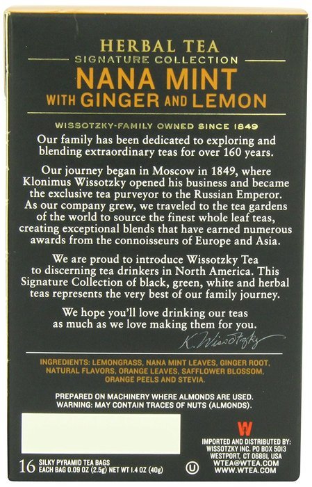 Wissotzky Tea Signature Collection Nana Mint with Ginger and Lemon Tea, 1.4 Ounce (16 Count) N11