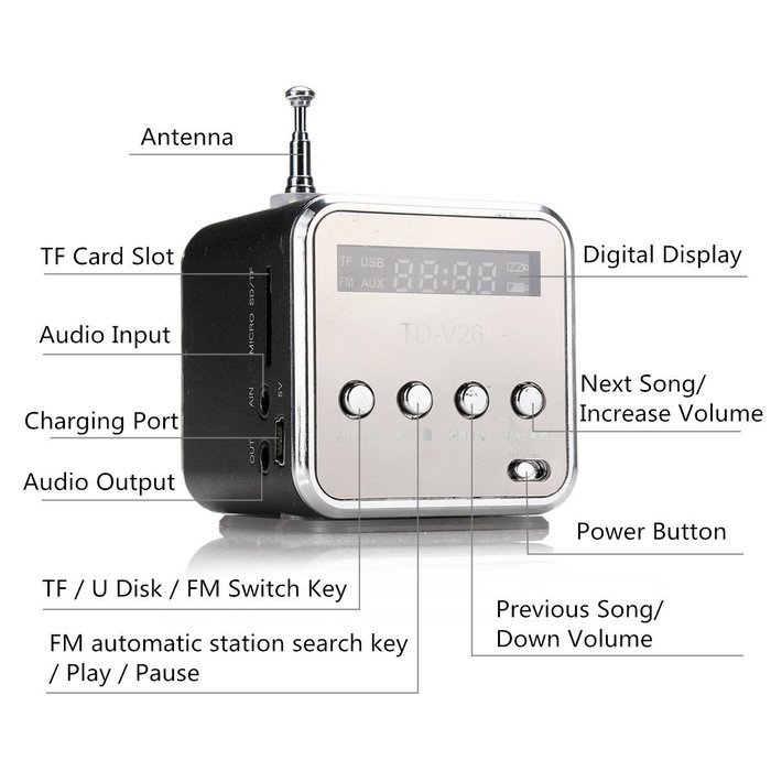BephaMart TD-V26 Portable Mini Stereo FM Radio MP3 Speaker Music Player Support Micro SD TF USB N5