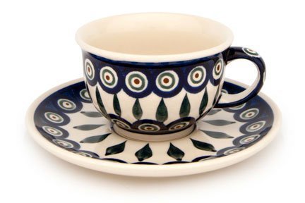 Polish Pottery Peacock Cup & Saucer