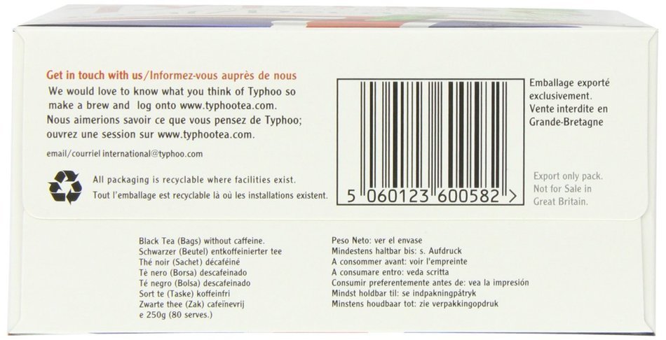 Typhoo 80 Decaf Tea Teabags (Pack of 6, Total 480 Teabags) N2