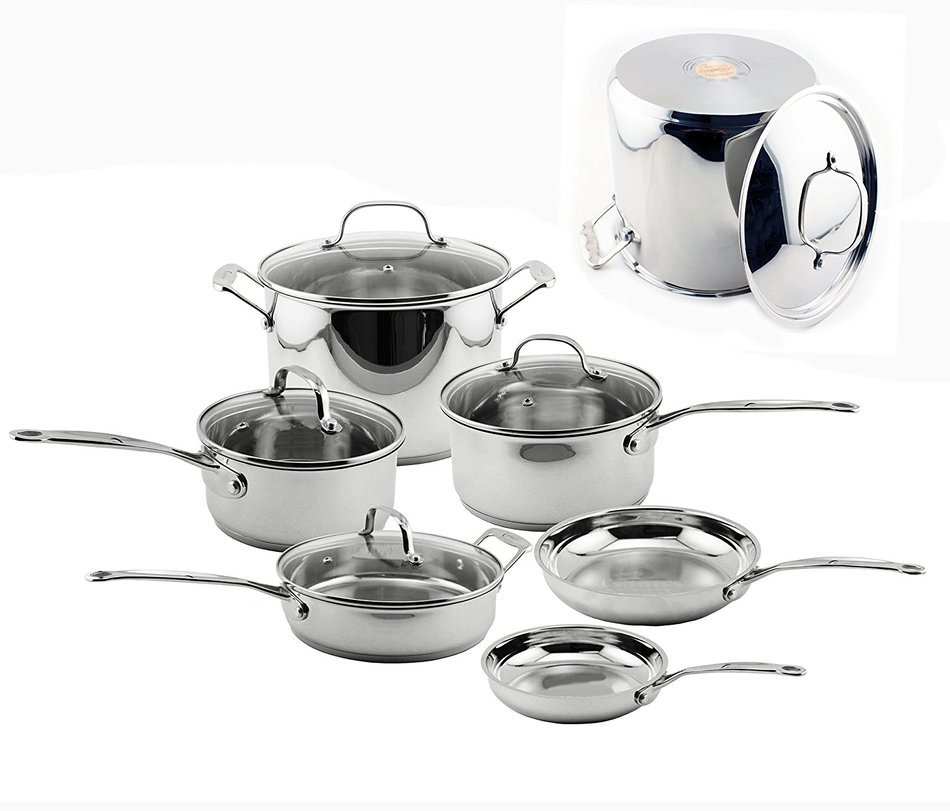 BergHOFF Premium 12PC 18/10 SS Set: 10PC/Glass Lids & 12 Qt Stkpt, Medium, Red