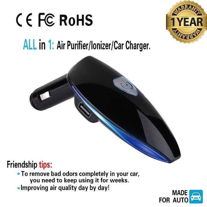 Protable Car Air Purifier,Evtech Car Ionic Air Freshener Removes Cigarette Smoke, Bacteria, Odor Smell with 2.1A... N13