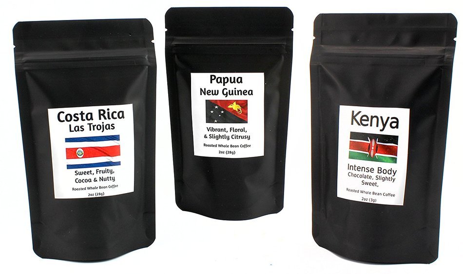 Single Origin Whole Bean Coffee Sampler, Artisanal Roasted Kenya AA, Costa Rica & Papua New Guinea 3-2oz packages