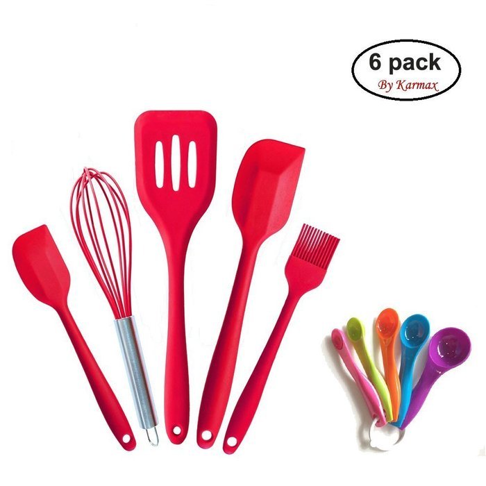 Karmax 5-Piece Premium Silicone Baking Utensils Set in Hygienic Solid Coating + Bonus Measuring Spoons Kit