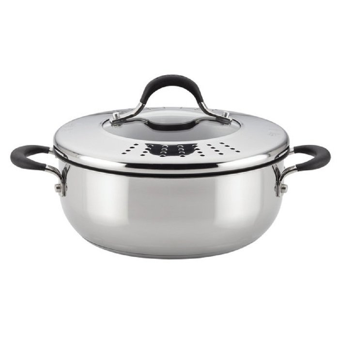 Circulon Momentu Stainless Steel Nonstick 4-Quart Covered Casserole with Locking Straining Lid N3